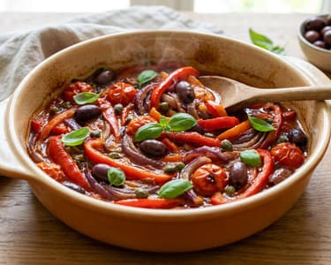 Baked peperonata with olives and capers | Italian flavor