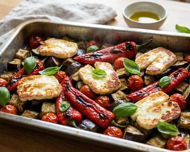 Mediterranean baked eggplant and pepper tray with halloumi