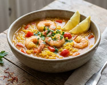 Arroz caldoso with shrimp | Juicy Spanish brothy rice in a pot