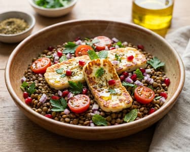 Lentil salad with grilled halloumi | Middle Eastern recipe