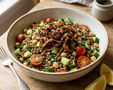 Salată Koshari cu linte și năut | Prânz oriental hrănitor