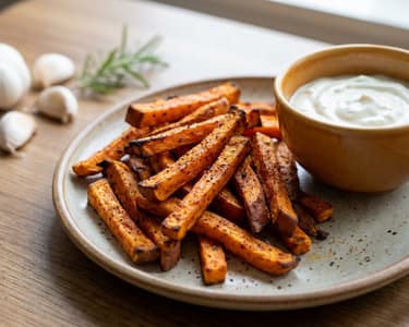 Crispy Baked Sweet Potatoes with Garlic Sauce