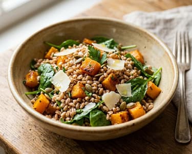 Salată caldă de farro cu dovleac copt | Prânz de toamnă