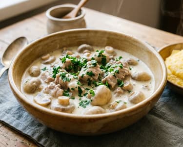 Ciulama de porc cu ciuperci | Rețetă tradițională cremoasă