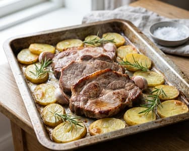 Ceafă de porc la cuptor cu cartofi, usturoi și rozmarin