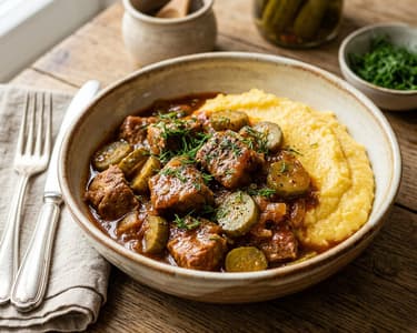 Mâncare de porc cu castraveți murați | Aromată și fragedă