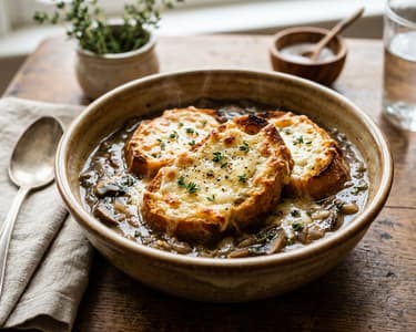 Supă franțuzească de ciuperci | Gratinată cu brânză Comté
