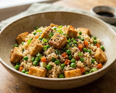 Orez prăjit cu tofu și legume crocante la wok