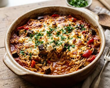 Baked Giouvetsi with Eggplant and Peppers | Greek Delight