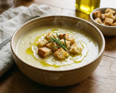 Creamy potato soup with rosemary and croutons