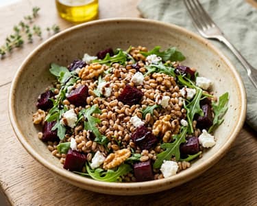 Salată toscană de farro cu sfeclă coptă și brânză de capră