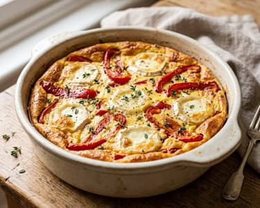 Clafoutis sărat cu ardei copți și brânză de capră