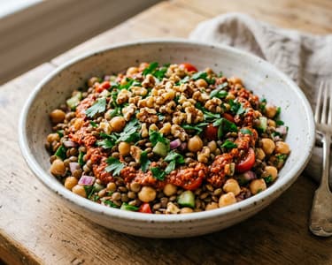 Salată de năut și linte cu Muhammara | Prânz oriental sățios