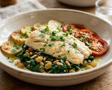 Peix a la mallorquina | Baked white fish with spinach and raisins