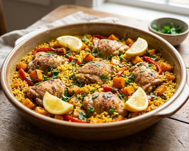 Arroz con pollo y calabaza | Orez spaniol cu pui și dovleac plăcintar