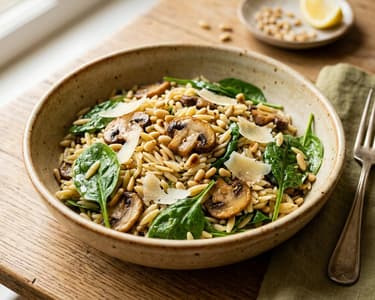 Salată caldă de orzo cu ciuperci rumenite