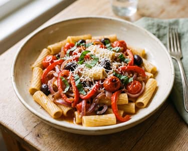 Rigatoni alla Peperonata | Clasic italian rapid cu ardei dulce și măsline