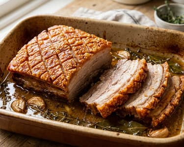 Fleică de porc rumenită la cuptor cu vin alb și usturoi
