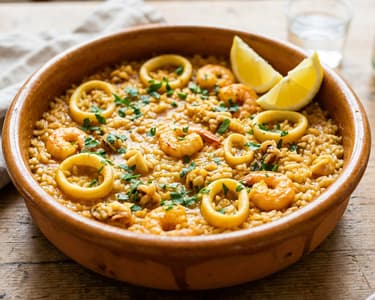 Arroz meloso with squid and prawns | Juicy Spanish seafood rice