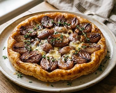Tartă Tatin cu brânză Brie și eșalote | Gust franțuzesc
