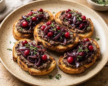 Crostini cu pate de căprioară, ceapă caramelizată și merișoare