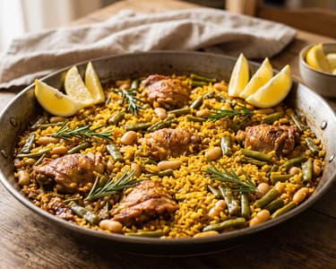 Traditional Valencian Paella with Chicken and Rosemary