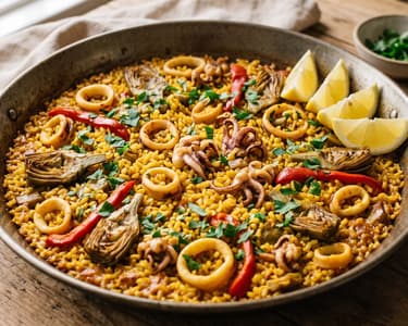 Arroz con calamar y alcachofas | Orez spaniol cu calamar și anghinare