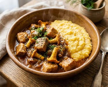 Tocană haiducească de porc cu gălbiori și mămăligă