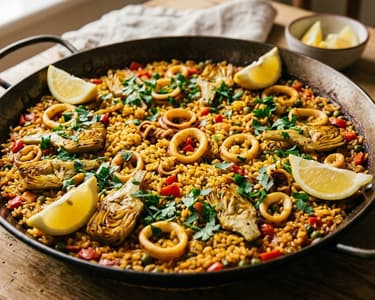 Arroz con calamares y alcachofas | Orez spaniol cu calamari și anghinare