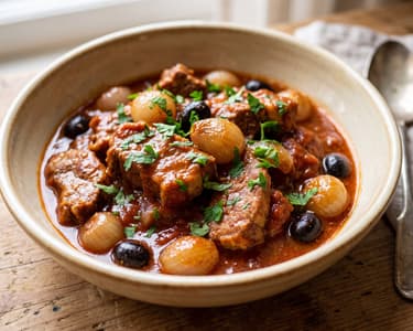 Pork Stew with Pearl Onions and Olives | Tradition and Flavor