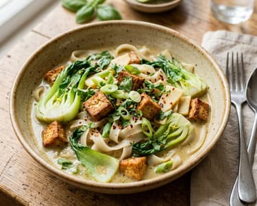 Curry verde thailandez cu fidea de orez, tofu crocant și pak choi
