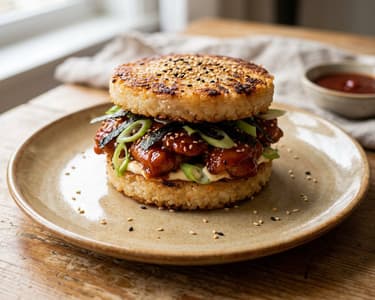 Bap Burger cu pui coreean | Burger crocant din orez