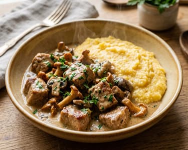 Tocană de porc cu ciuperci de pădure și smântână