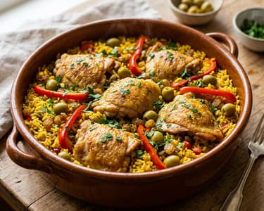 Arroz con pollo a la andaluza | Orez spaniol cu pui, măsline și șofran