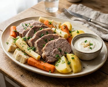 Rasol tradițional de porc cu legume și sos de hrean