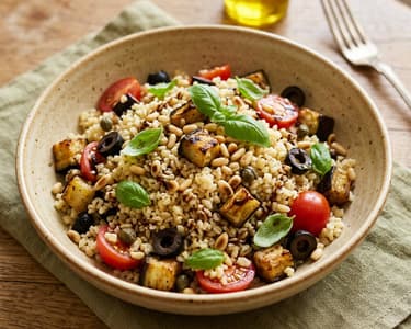 Sicilian bulgur salad with caramelized eggplant, capers and olives
