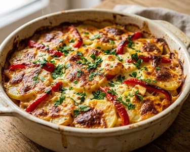 Cartofi la cuptor cu ardei copți | Rumen și savuros