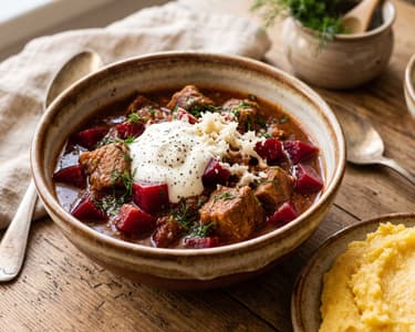 Bucovinian pork stew with beetroot and horseradish sauce