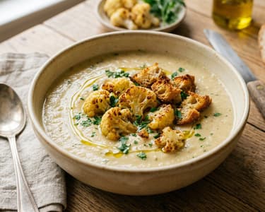 Supă cremă de conopidă coaptă cu crutoane | Fină și aromată