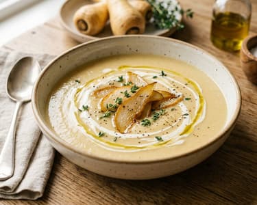 Supă cremă de păstârnac copt cu pere caramelizate | Rafinament de toamnă
