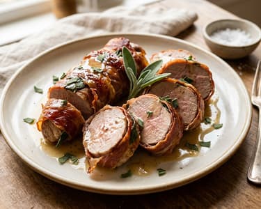 Mușchiuleț de porc învelit în prosciutto la cuptor cu salvie și vin alb