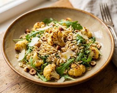 Warm orzo salad with roasted cauliflower and hazelnuts