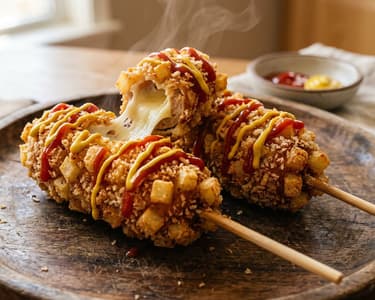 Gamja Hot Dog cu pui și mozzarella | Street food coreean crocant