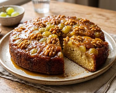 Upside-down cake with grapes and caramelized walnuts