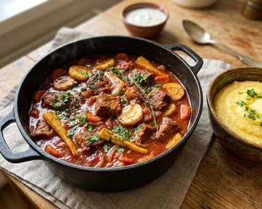 Braised pork stew with caramelized parsnips and thyme