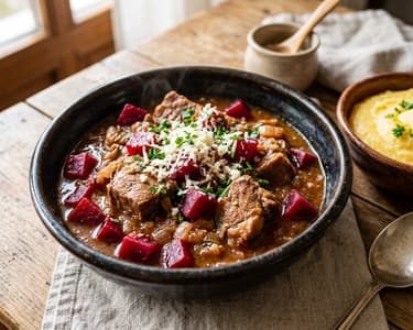 Pork stew with beetroot and horseradish