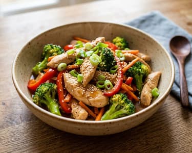 Pui stir-fry la wok cu broccoli și sos aromat de soia
