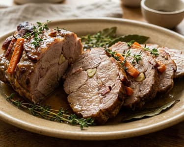 Oven-roasted pork neck studded with garlic and smoked bacon