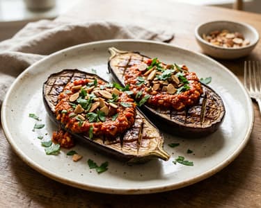 Baked Aubergines with Romesco Sauce and Almonds | Catalan Flavour