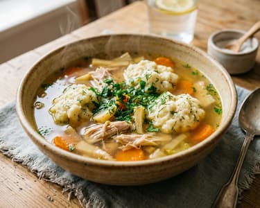 Chicken soup with cottage cheese and dill dumplings